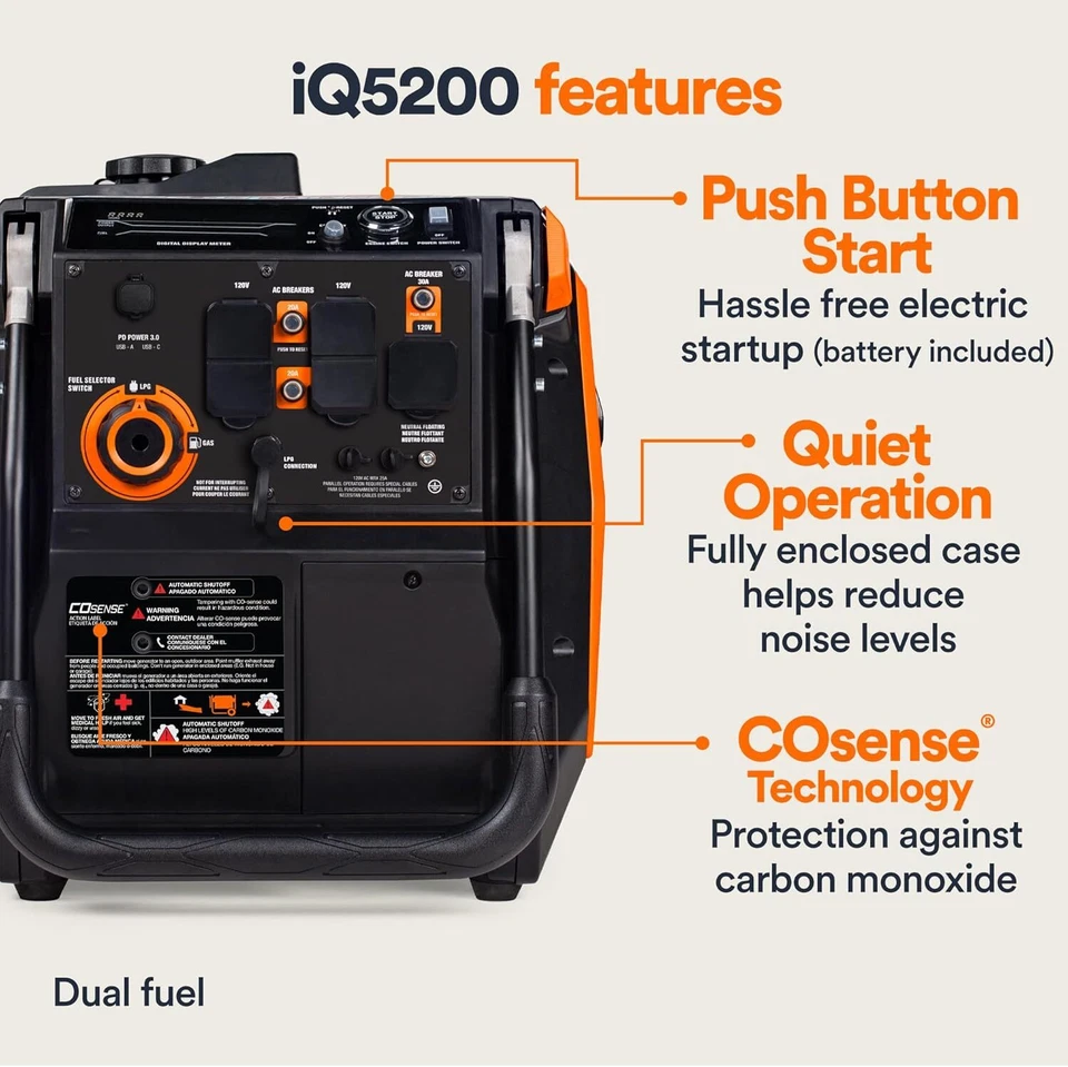 generac iq5200 df 3900 watt electric start dual fuel inverter generator generac iq5200 df 3900 watt electric start dual fuel inverter generator